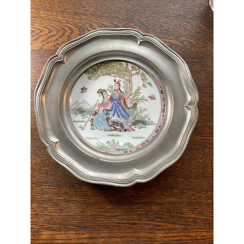 Vintage Chinese Famille Rose Porcelain Plate 1950-1970 Pewter Frame Belgium